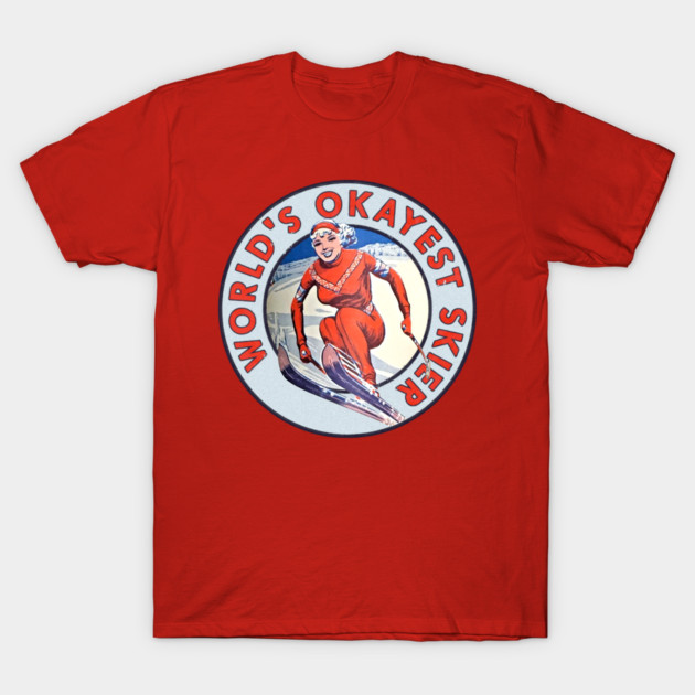 Red "World's Okayest Skier" T-shirt, featuring vintage skiing graphic, casual style, comfortable cotton material.
