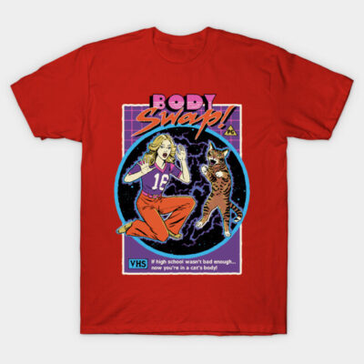 Red retro Body Swap graphic t-shirt featuring a vintage comic style design with cat and human illustration.