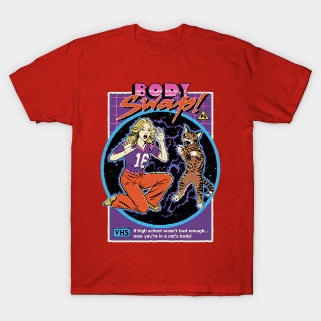 Red retro Body Swap graphic t-shirt featuring a vintage comic style design with cat and human illustration.
