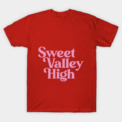 Red cotton T-shirt with "Sweet Valley High" text, casual style, perfect for everyday wear.
