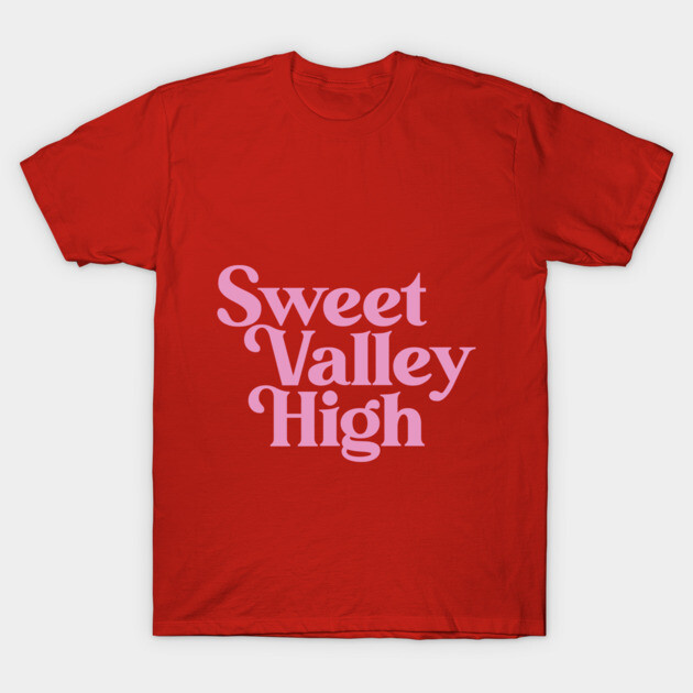 Red cotton T-shirt with "Sweet Valley High" text, casual style, perfect for everyday wear.