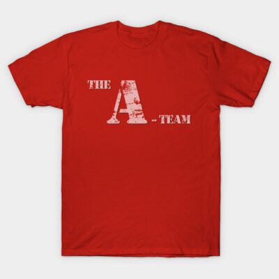 Red cotton t-shirt with "The A-Team" text in distressed style, casual wear, unisex design, comfortable and stylish.