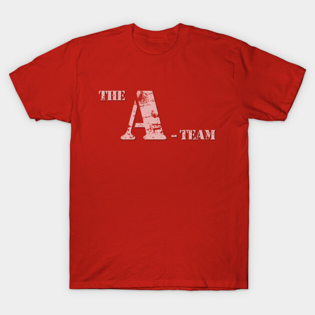 Red cotton t-shirt with "The A-Team" text in distressed style, casual wear, unisex design, comfortable and stylish.