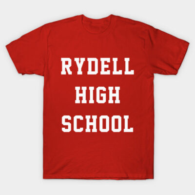Red "Rydell High School" T-shirt, bold white text, casual style, cotton material, perfect for everyday wear.