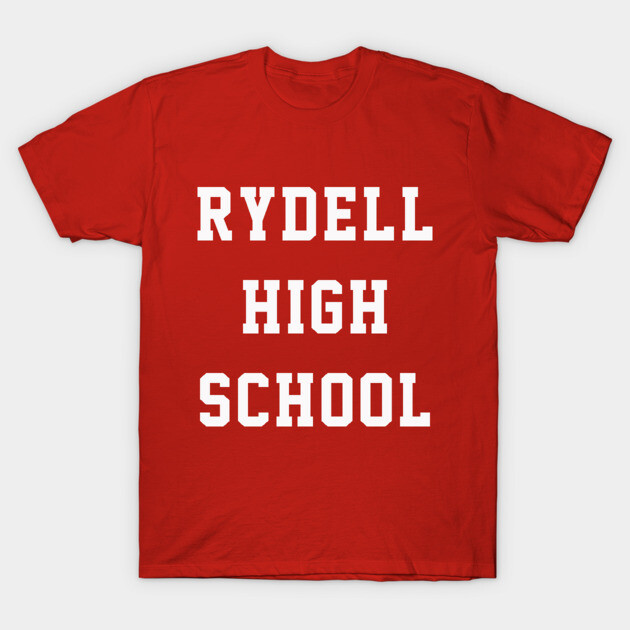Red "Rydell High School" T-shirt, bold white text, casual style, cotton material, perfect for everyday wear.