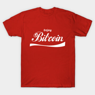 Red cotton t-shirt with "Enjoy Bitcoin" text, casual style, ideal for cryptocurrency enthusiasts.