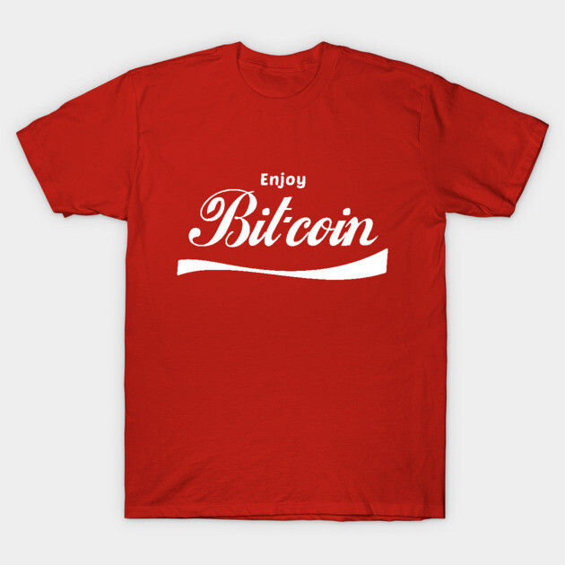 Red cotton t-shirt with "Enjoy Bitcoin" text, casual style, ideal for cryptocurrency enthusiasts.