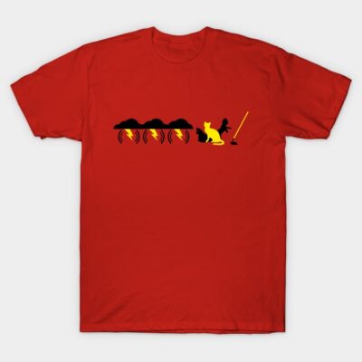 Red cotton t-shirt featuring a playful cat and broomstick graphic design, ideal for casual wear and gifting.