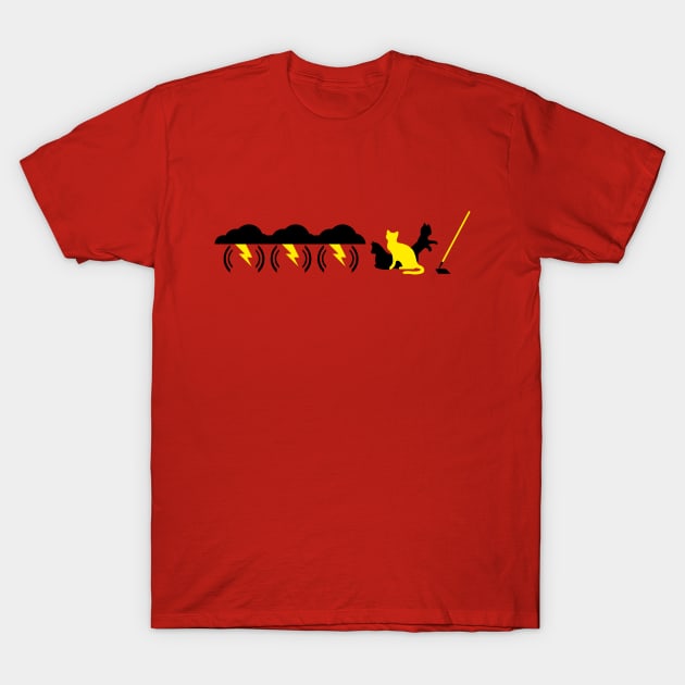 Red cotton t-shirt featuring a playful cat and broomstick graphic design, ideal for casual wear and gifting.