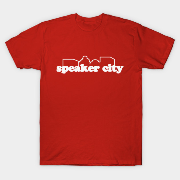 Red "Speaker City" t-shirt, casual style, made from soft cotton, ideal for everyday wear and comfortable fit.