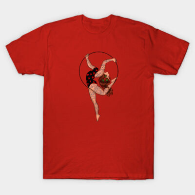 Red graphic t-shirt featuring acrobatic design, cotton material, casual wear, bold and artistic style.