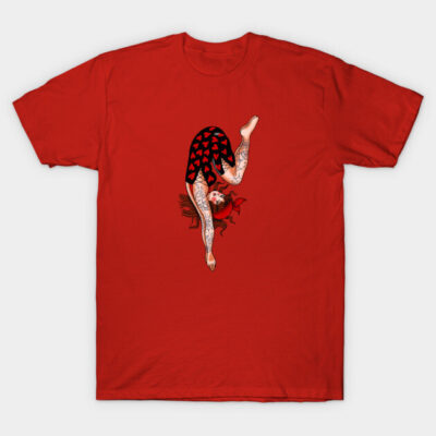 Red graphic t-shirt with unique design, featuring black heart pattern. Perfect for casual wear and self-expression.