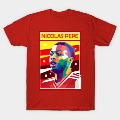 Red graphic t-shirt featuring colorful abstract design, ideal for casual wear. Made of 100% cotton.