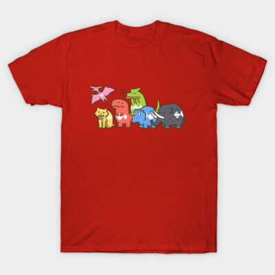 Red t-shirt with colorful cartoon animal print, casual style, 100% cotton, perfect for everyday wear.