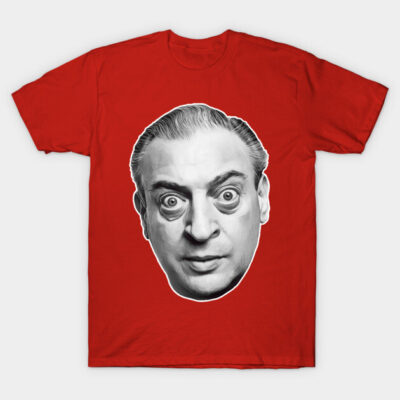 Red graphic t-shirt featuring a bold black and white cartoon face design, perfect for casual wear.