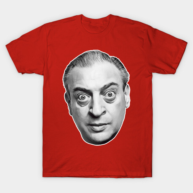 Red graphic t-shirt featuring a bold black and white cartoon face design, perfect for casual wear.