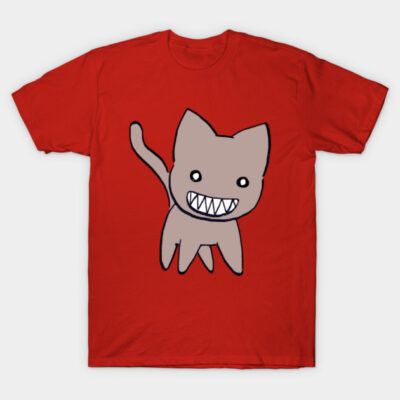 Red t-shirt with playful cartoon cat design, perfect for casual wear. Soft cotton material for comfort.