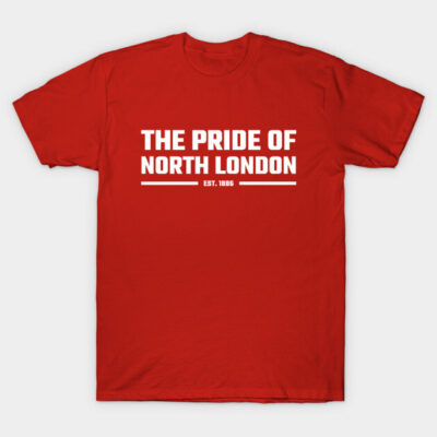 Red cotton t-shirt with "The Pride of North London" text design, casual wear, comfortable and stylish.