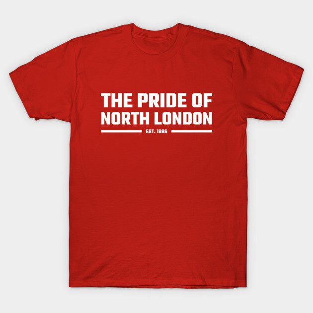 Red cotton t-shirt with "The Pride of North London" text design, casual wear, comfortable and stylish.