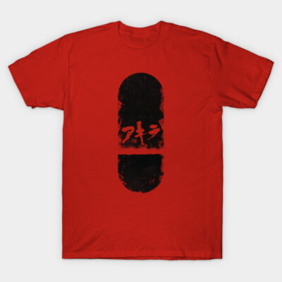 Red graphic t-shirt featuring a bold, black pill design with Japanese text, perfect for casual wear. Cotton material.