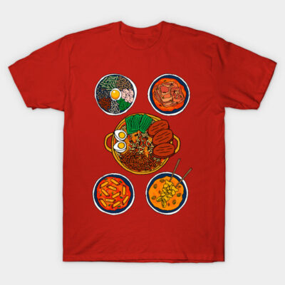 Red t-shirt featuring colorful Korean food illustrations, casual style, perfect for food lovers and everyday wear.