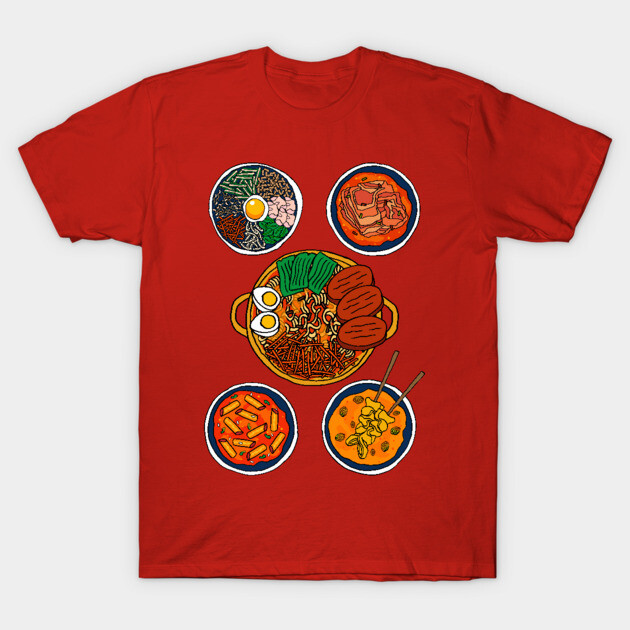 Red t-shirt featuring colorful Korean food illustrations, casual style, perfect for food lovers and everyday wear.
