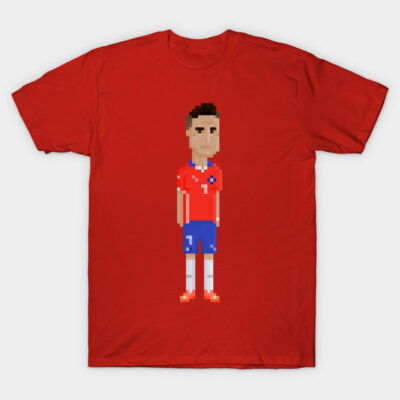 Red pixel art graphic t-shirt featuring a soccer player design, casual style, 100% cotton.