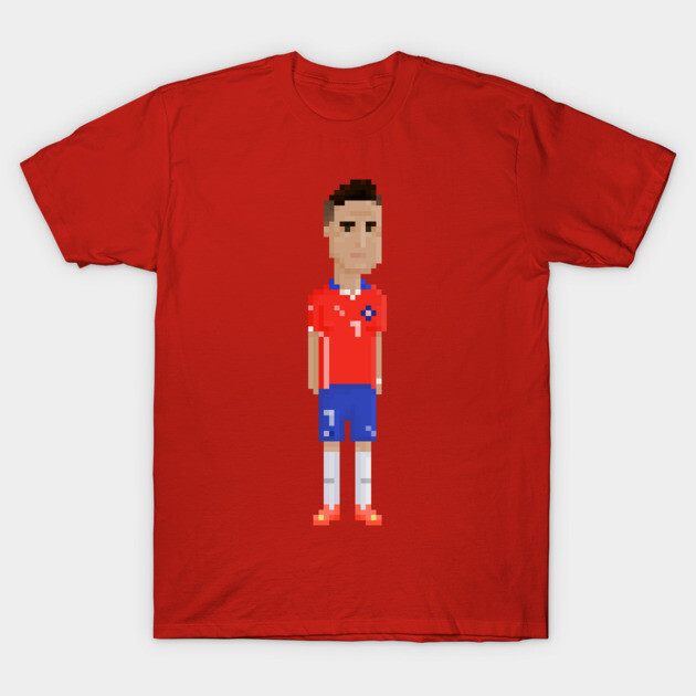 Red pixel art graphic t-shirt featuring a soccer player design, casual style, 100% cotton.