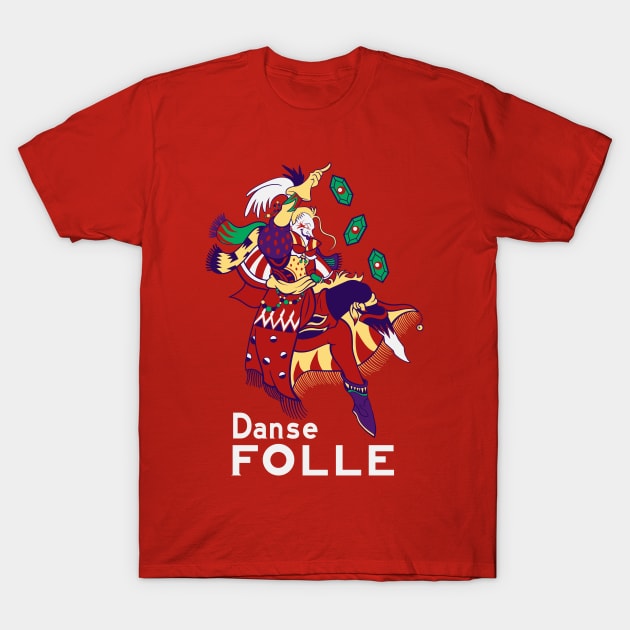 Red t-shirt featuring colorful abstract graphic and "Danse Folle" text, perfect for casual wear, 100% cotton.