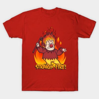 Red graphic t-shirt with cartoon character on fire and "Straight Fire" text, casual and bold style for everyday wear.
