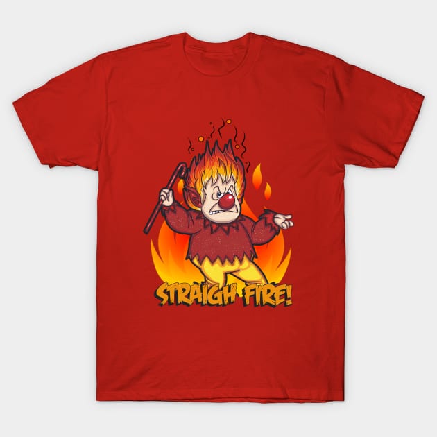 Red graphic t-shirt with cartoon character on fire and "Straight Fire" text, casual and bold style for everyday wear.