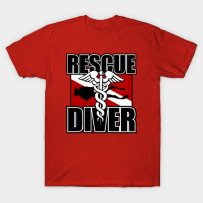 Red "Rescue Diver" t-shirt, bold graphic design, ideal for diving enthusiasts, comfortable cotton material.