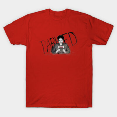 Red graphic t-shirt with a black and white design, featuring a bold print. Casual style, perfect for everyday wear.