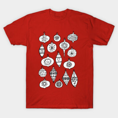 Red t-shirt with black and white Christmas ornament design, casual style, 100% cotton, perfect for holiday wear.