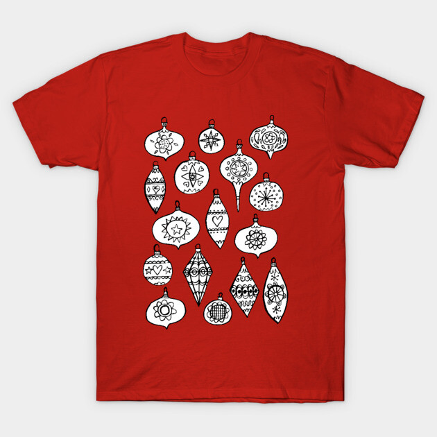 Red t-shirt with black and white Christmas ornament design, casual style, 100% cotton, perfect for holiday wear.