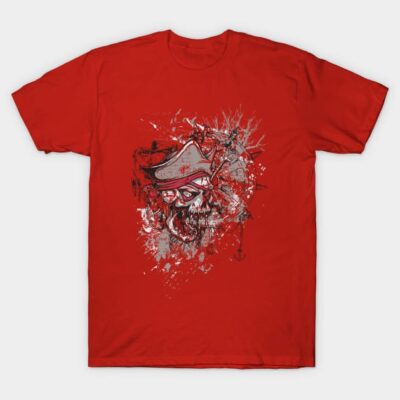Red graphic t-shirt featuring abstract pirate skull design, casual style, ideal for everyday wear.
