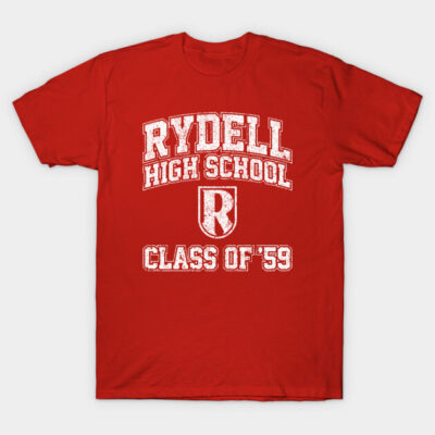 Red cotton t-shirt with "Rydell High School Class of '59" vintage print, casual style, perfect for everyday wear.