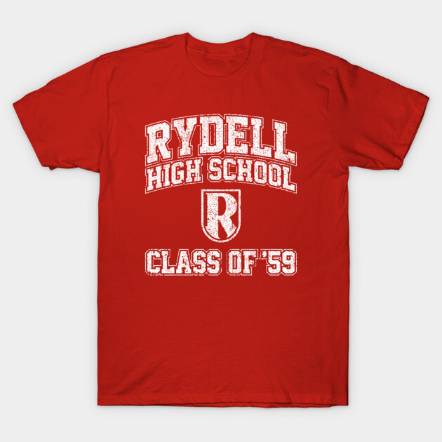 Red cotton t-shirt with "Rydell High School Class of '59" vintage print, casual style, perfect for everyday wear.