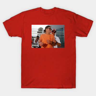 Red cotton graphic t-shirt featuring outdoor scene print, casual style for everyday wear.