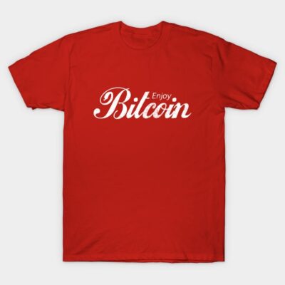 Red Bitcoin-themed T-shirt with white script text, casual style, perfect for cryptocurrency enthusiasts, cotton material.