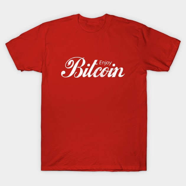Red Bitcoin-themed T-shirt with white script text, casual style, perfect for cryptocurrency enthusiasts, cotton material.