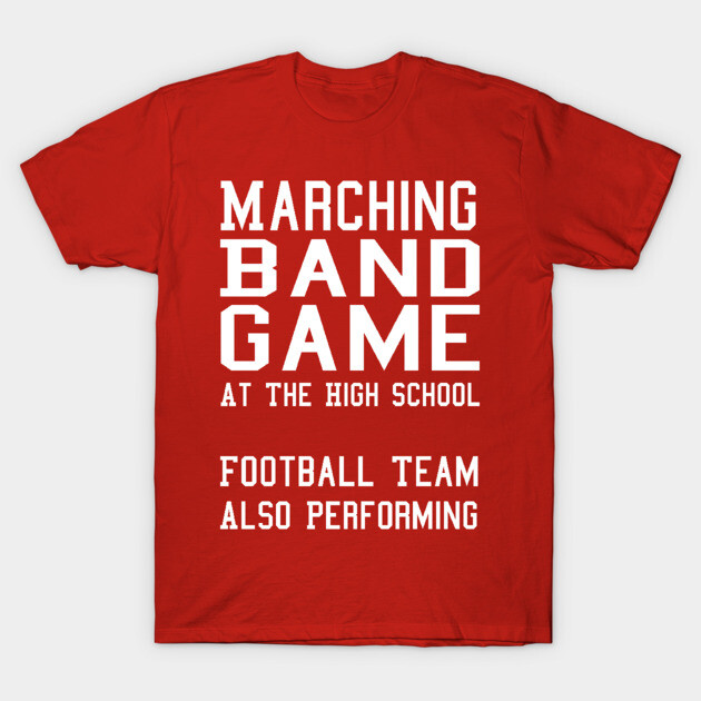 Red t-shirt with white text "Marching Band Game" suitable for high school events, casual wear, cotton material.
