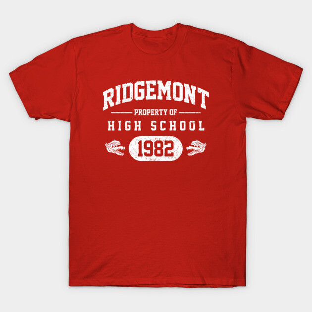 Red cotton t-shirt with "Ridgemont High School 1982" vintage print, casual style, unisex design.