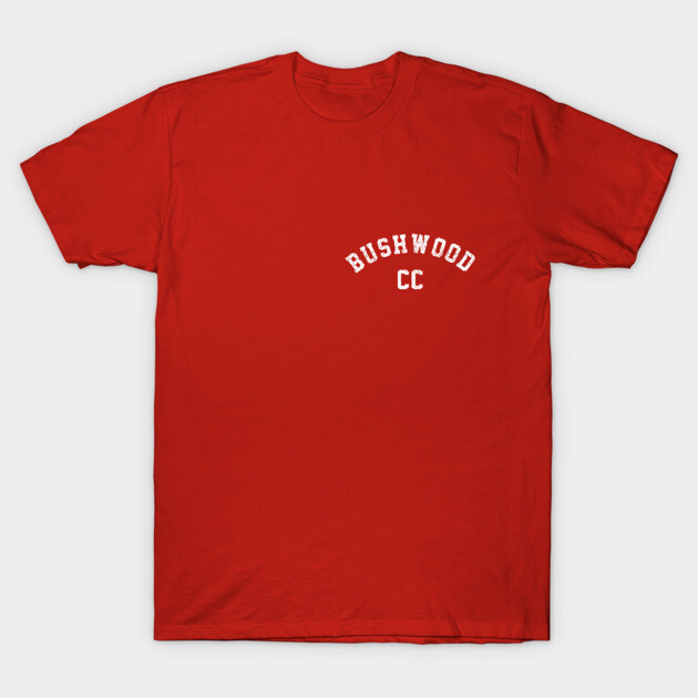Red "Bushwood CC" T-shirt, casual style, cotton material, ideal for everyday wear, featuring white text design.