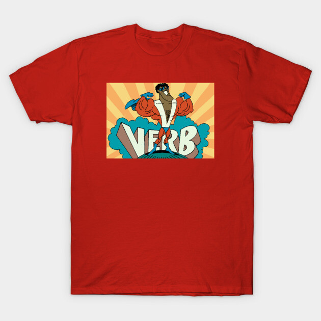 Red graphic t-shirt featuring a bold cartoon design with "Verb" text and vibrant colors, ideal for casual wear.