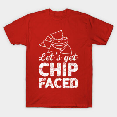 Red t-shirt with "Let's Get Chip Faced" text and snack graphic, casual style, cotton material, humorous design.