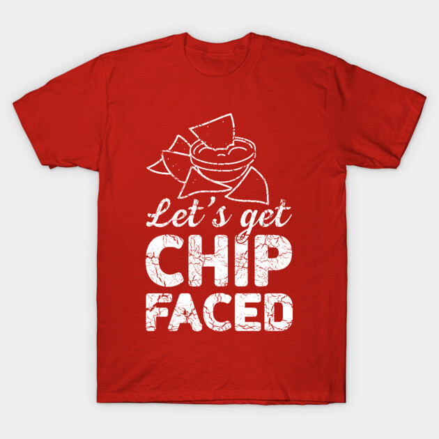 Red t-shirt with "Let's Get Chip Faced" text and snack graphic, casual style, cotton material, humorous design.