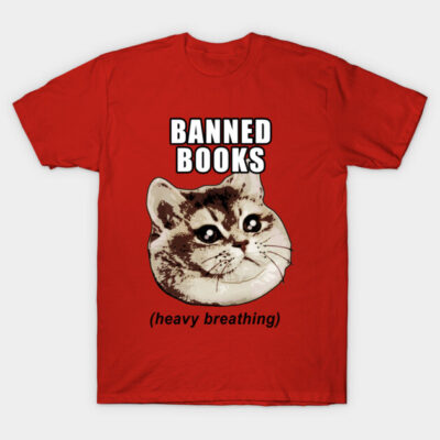 Red t-shirt with cat graphic, "Banned Books" text, humorous style, perfect for book lovers and casual wear.