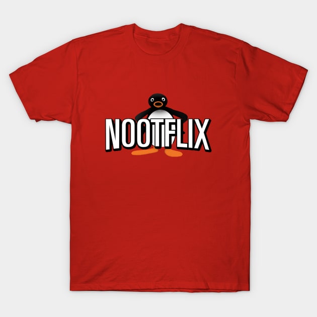 Red graphic t-shirt featuring playful penguin design with "Nootflix" text, casual style, cotton material.