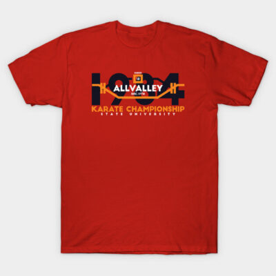 Red t-shirt with "1984 All Valley Karate Championship" graphic, casual wear, cotton material, unisex style.